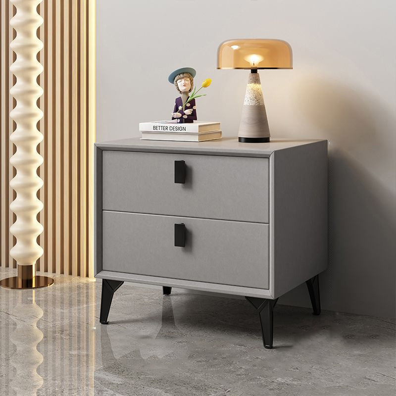 Modern Minimalist Square Rectangular Cat Scratch Leather Solid Wood Plywood Carbon Steel Nightstand 2-Drawer For Bedroom