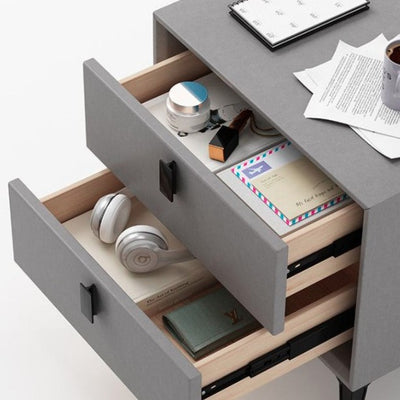 Modern Minimalist Square Rectangular Cat Scratch Leather Solid Wood Plywood Carbon Steel Nightstand 2-Drawer For Bedroom