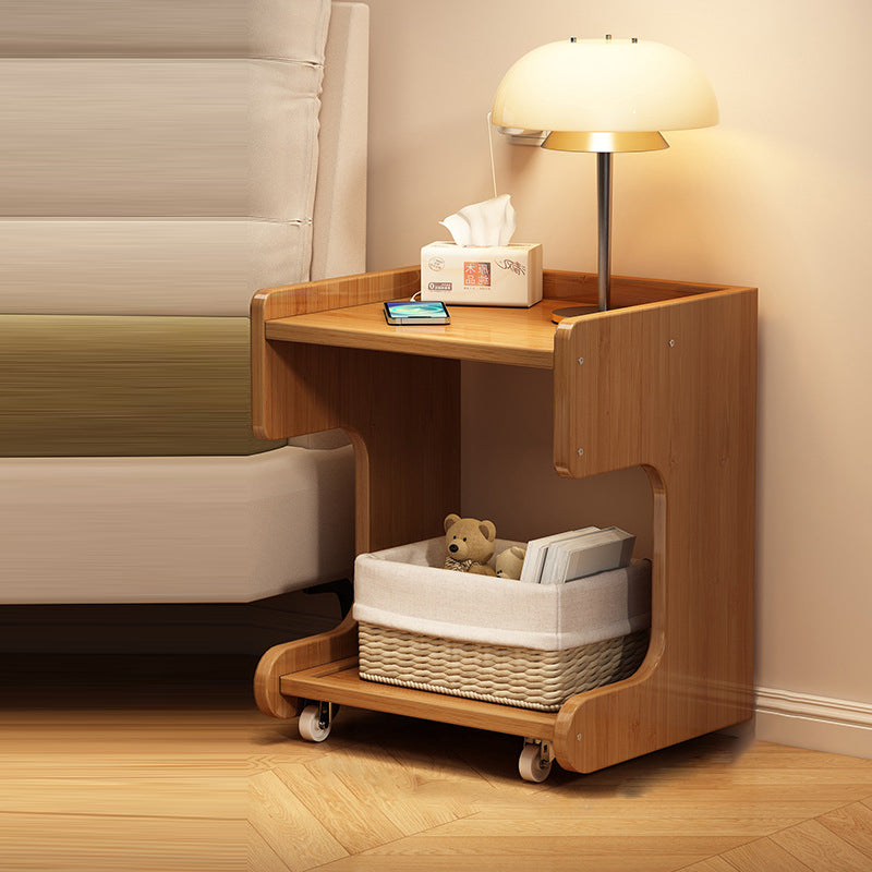 Modern Minimalist Square Nan Bamboo Movable Nightstand 2-Tier For Bedroom