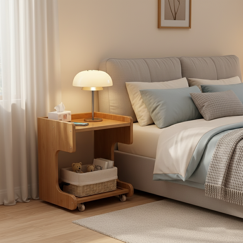 Modern Minimalist Square Nan Bamboo Movable Nightstand 2-Tier For Bedroom