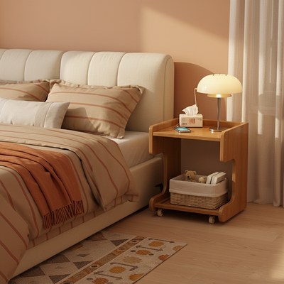 Modern Minimalist Square Nan Bamboo Movable Nightstand 2-Tier For Bedroom