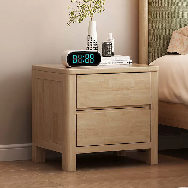 Table de chevet verrouillable contemporaine nordique carrée et rectangulaire en bois de pin, hévéa, bois massif et contreplaqué, à 2 tiroirs pour chambre à coucher 