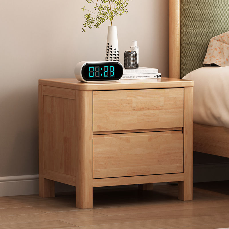 Contemporary Nordic Square Rectangular Pine Wood Rubberwood Solid Wood Plywood Lockable Nightstand 2-Drawer For Bedroom