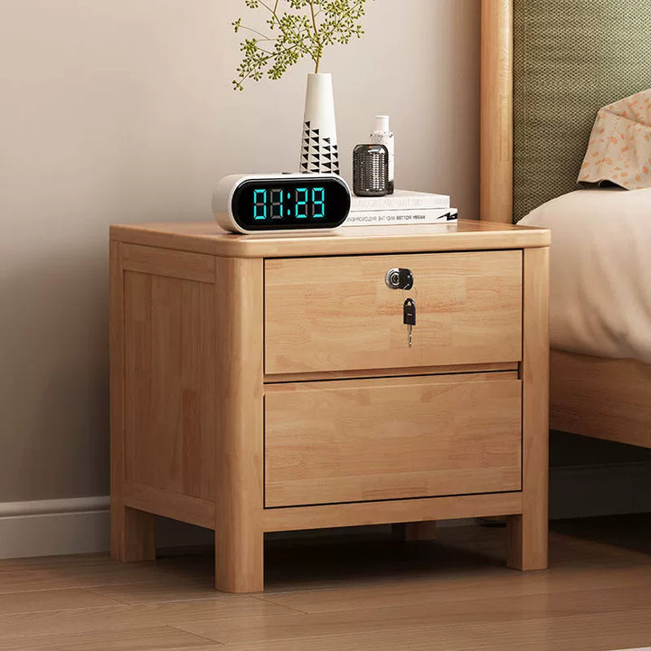 Table de chevet verrouillable contemporaine nordique carrée et rectangulaire en bois de pin, hévéa, bois massif et contreplaqué, à 2 tiroirs pour chambre à coucher 