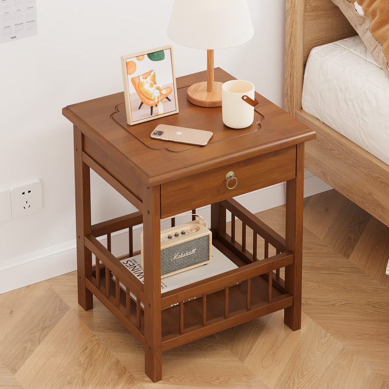 Traditional Chinese Square Rectangular MDF Nan Bamboo Nightstand 2/3-Tier For Bedroom