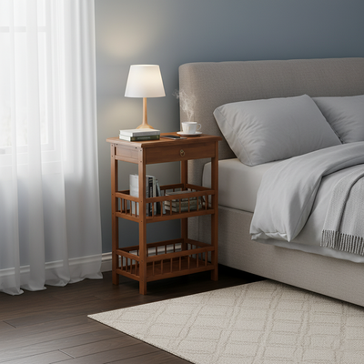 Traditional Chinese Square Rectangular MDF Nan Bamboo Nightstand 2/3-Tier For Bedroom