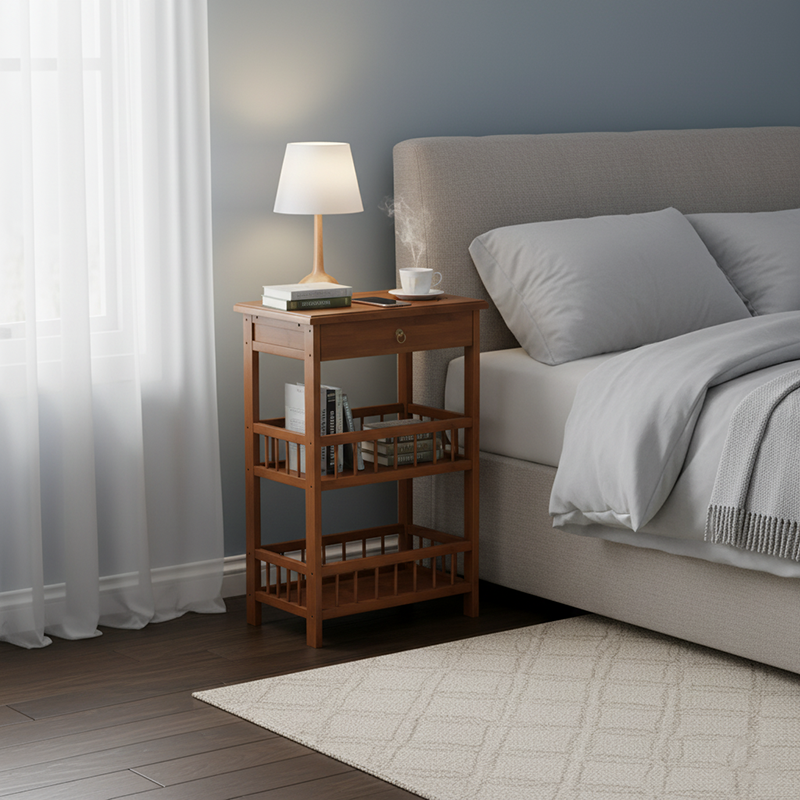 Traditional Chinese Square Rectangular MDF Nan Bamboo Nightstand 2/3-Tier For Bedroom