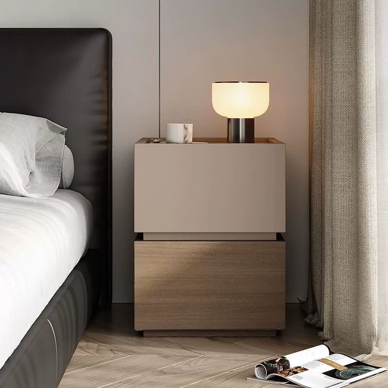 Modern Minimalist Square Rectangular Solid Wood Nightstand 2-Drawer For Bedroom