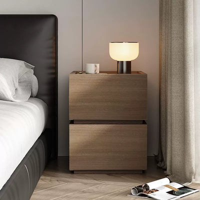 Modern Minimalist Square Rectangular Solid Wood Nightstand 2-Drawer For Bedroom