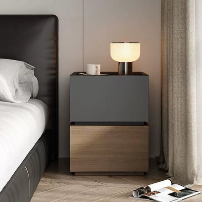 Modern Minimalist Square Rectangular Solid Wood Nightstand 2-Drawer For Bedroom