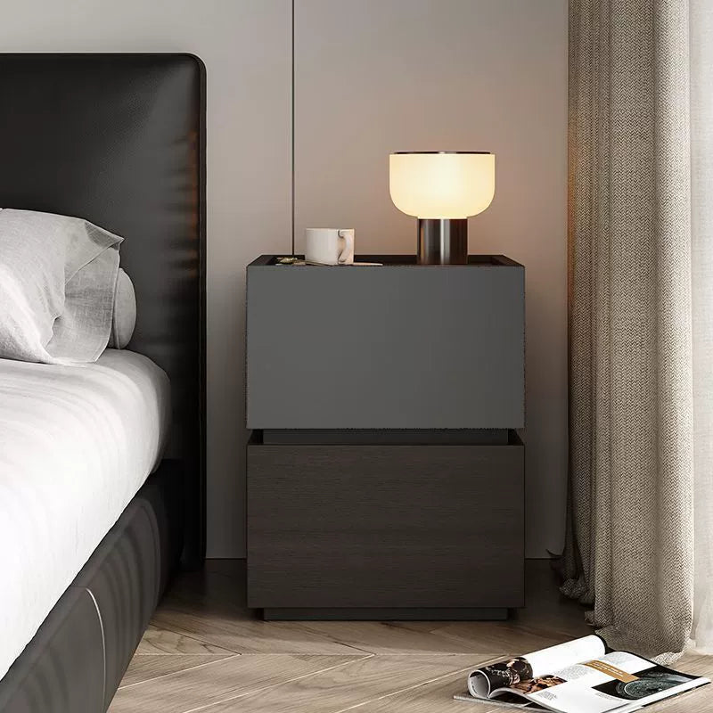Modern Minimalist Square Rectangular Solid Wood Nightstand 2-Drawer For Bedroom