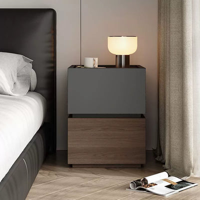 Modern Minimalist Square Rectangular Solid Wood Nightstand 2-Drawer For Bedroom