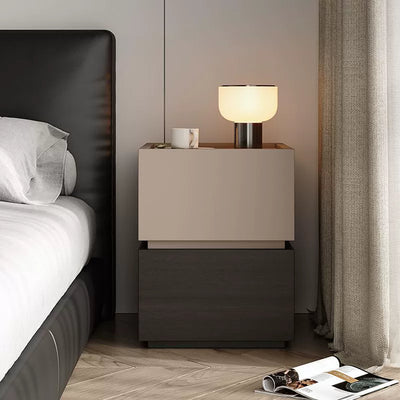 Modern Minimalist Square Rectangular Solid Wood Nightstand 2-Drawer For Bedroom