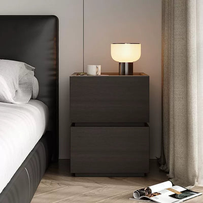 Modern Minimalist Square Rectangular Solid Wood Nightstand 2-Drawer For Bedroom