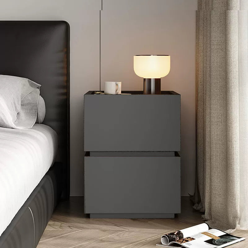 Modern Minimalist Square Rectangular Solid Wood Nightstand 2-Drawer For Bedroom