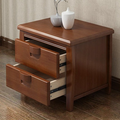 Traditional Chinese Square Rectangular Rubberwood Eco-friendly MDF Solid Wood Plywood Nightstand 2-Drawer For Bedroom