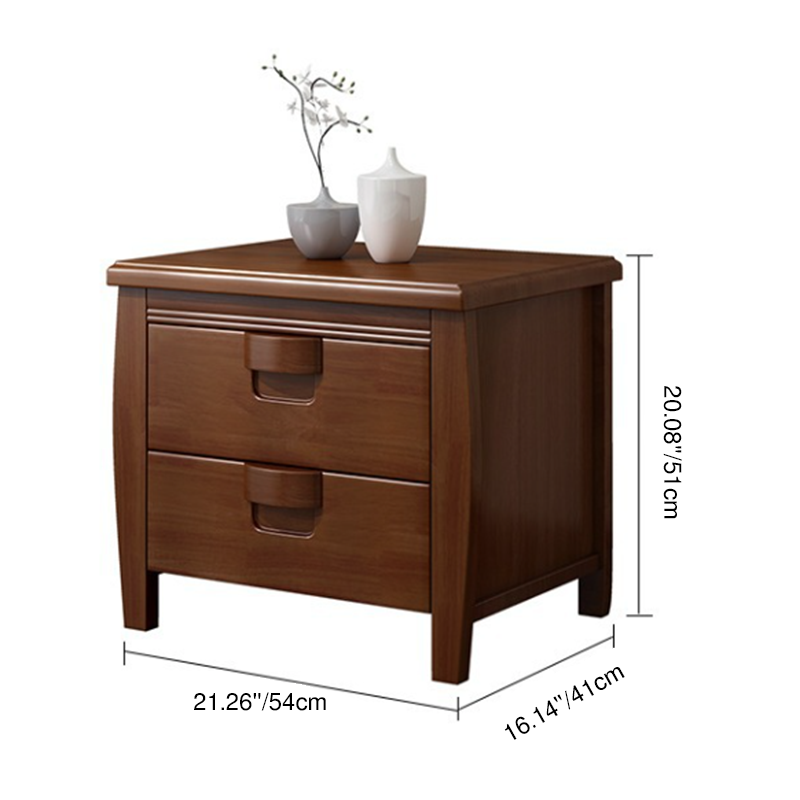 Traditional Chinese Square Rectangular Rubberwood Eco-friendly MDF Solid Wood Plywood Nightstand 2-Drawer For Bedroom