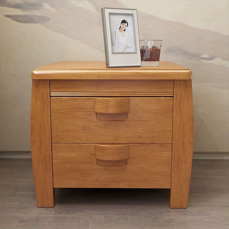 Traditional Chinese Square Rectangular Rubberwood Eco-friendly MDF Solid Wood Plywood Nightstand 2-Drawer For Bedroom