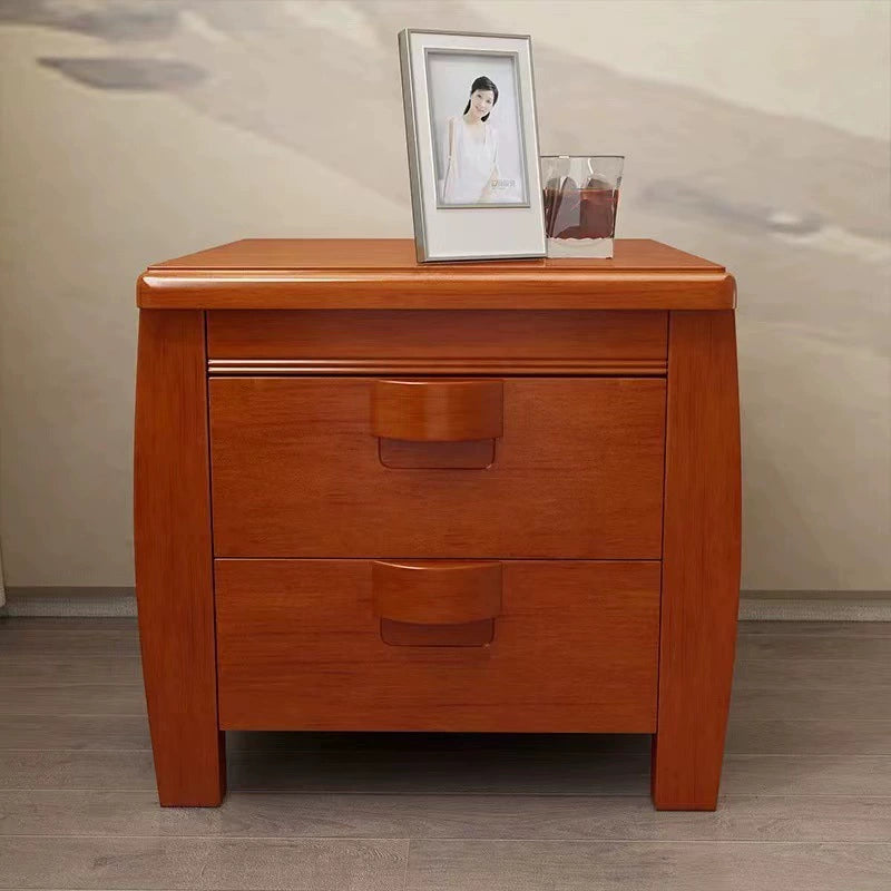 Traditional Chinese Square Rectangular Rubberwood Eco-friendly MDF Solid Wood Plywood Nightstand 2-Drawer For Bedroom