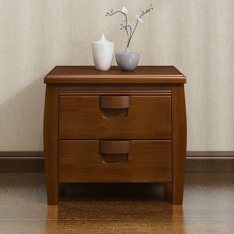 Traditional Chinese Square Rectangular Rubberwood Eco-friendly MDF Solid Wood Plywood Nightstand 2-Drawer For Bedroom