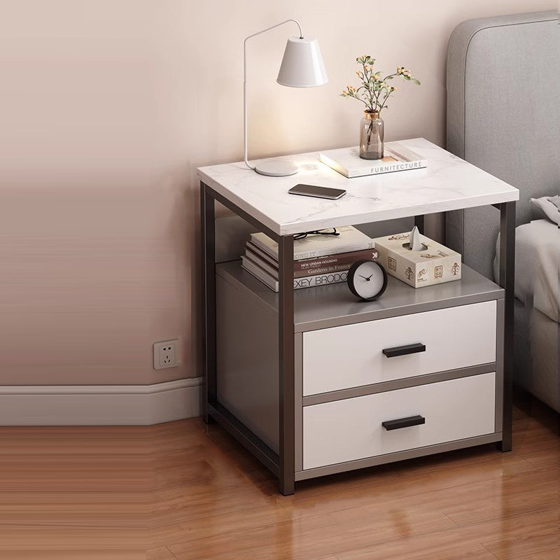 Modern Minimalist Square Rectangular Particle Board Steel Nightstand 2-Drawer For Bedroom