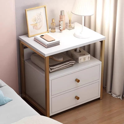 Modern Minimalist Square Rectangular Particle Board Steel Nightstand 2-Drawer For Bedroom