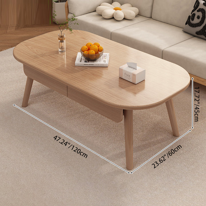 Mesa de centro de madera maciza con panel de madera ecológica, rectángulo redondeado minimalista moderno, 2 cajones, para sala de estar 