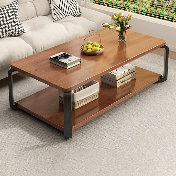 Table basse rectangulaire minimaliste moderne en bois massif écologique et acier au carbone, à 2 niveaux, pour salon 