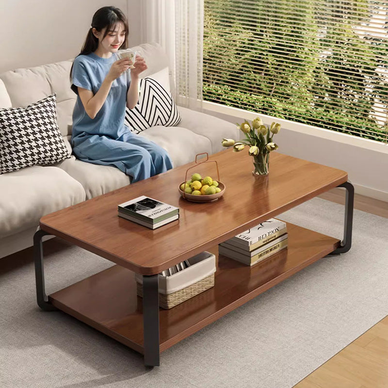 Table basse rectangulaire minimaliste moderne en bois massif écologique et acier au carbone, à 2 niveaux, pour salon 