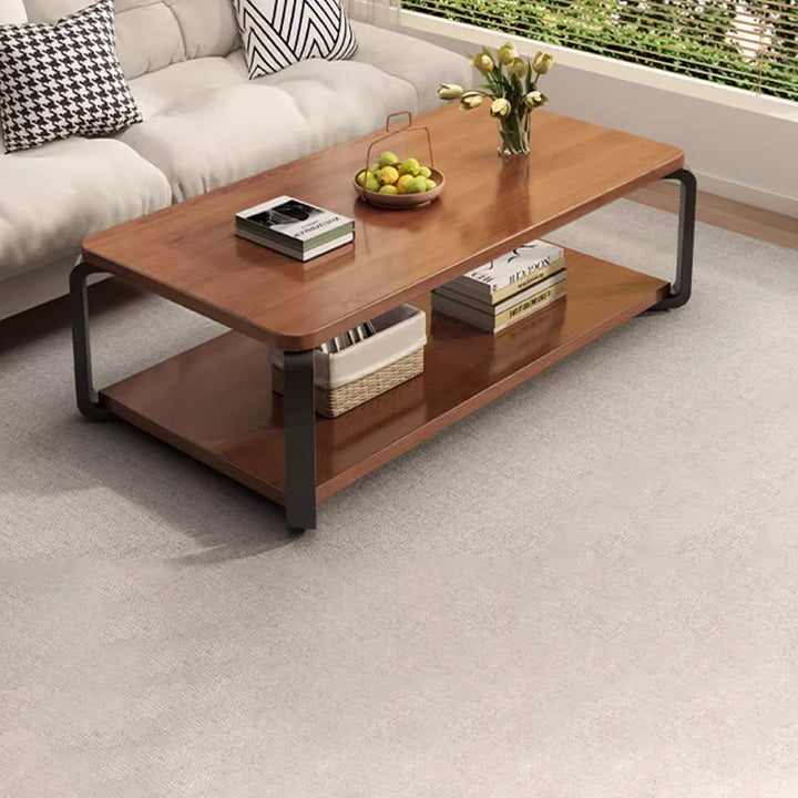 Table basse rectangulaire minimaliste moderne en bois massif écologique et acier au carbone, à 2 niveaux, pour salon 