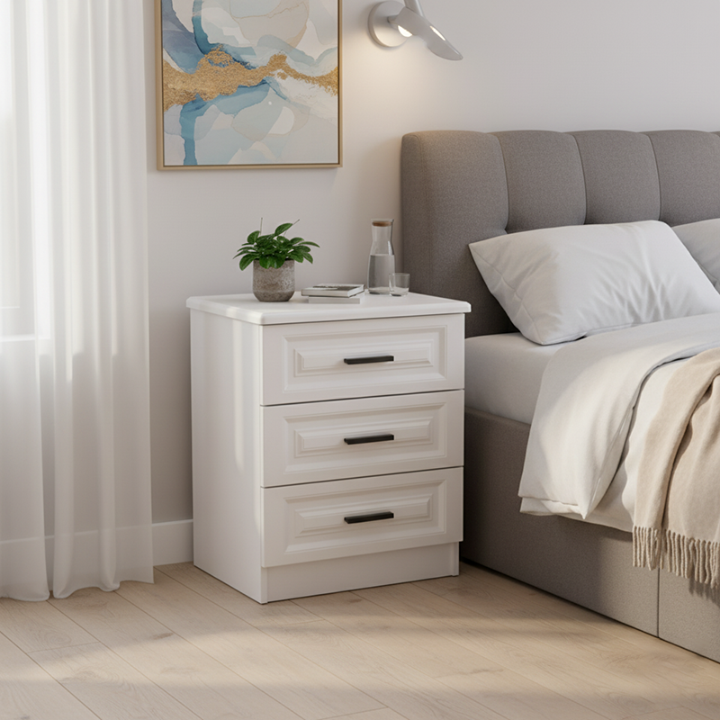 Moderner nordischer Nachttisch aus MDF und Kiefernholz in quadratischer/rechteckiger Form mit 2/3 Schubladen fürs Schlafzimmer 