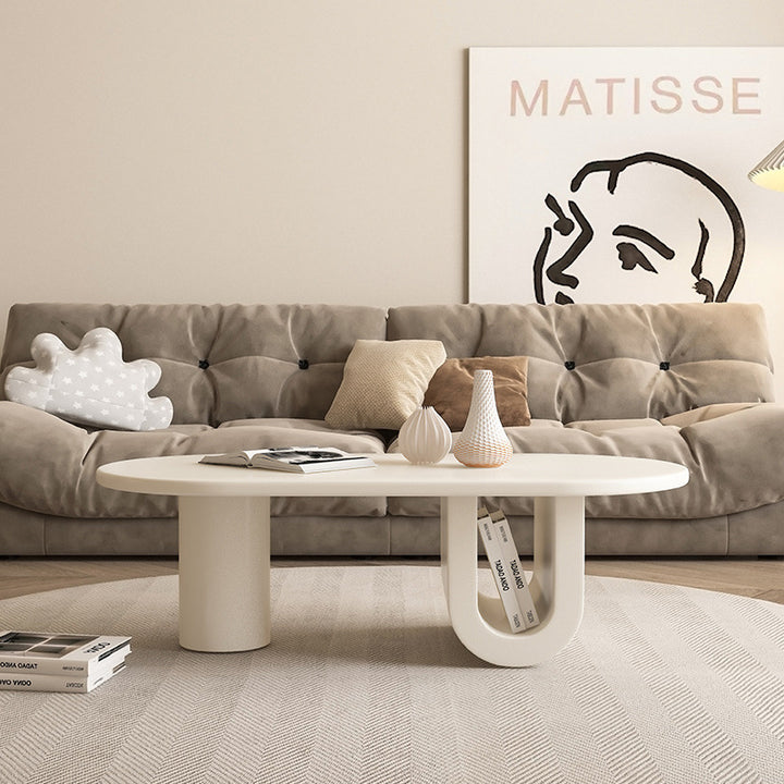 Table basse moderne minimaliste en MDF ellipse, piétement en U, 1 caisson pour salon 