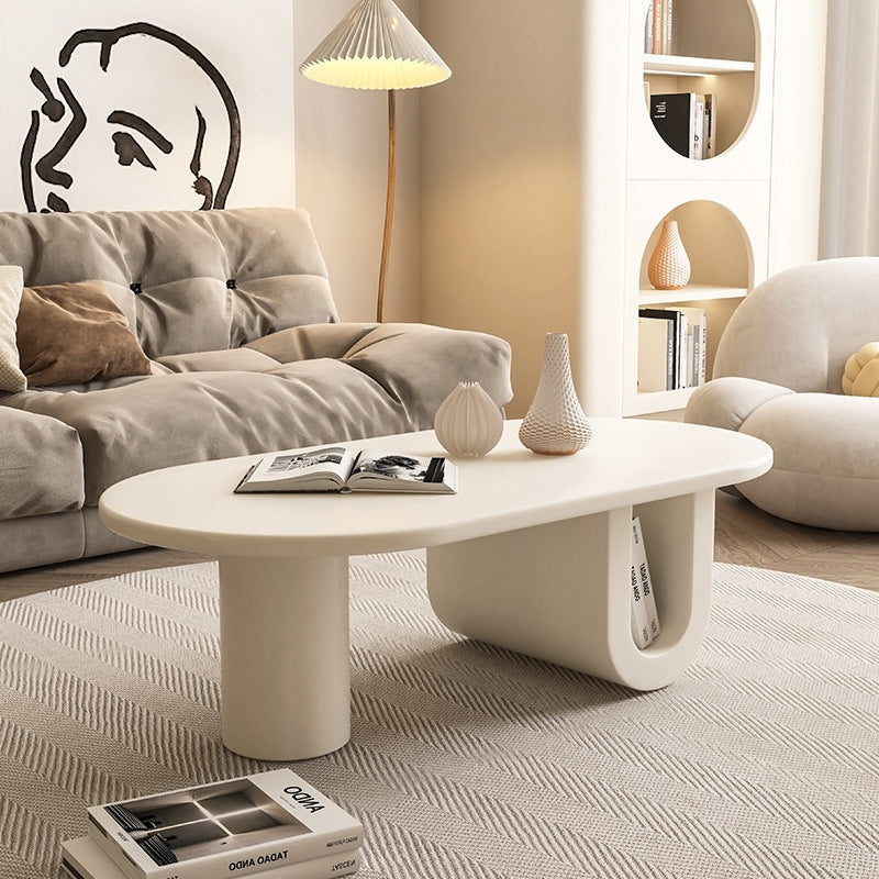 Table basse moderne minimaliste en MDF ellipse, piétement en U, 1 caisson pour salon 