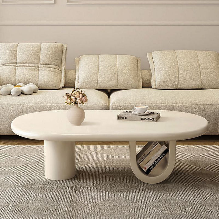 Mesa de Café Moderna Minimalista Elipse MDF con Patas en Forma de U y 1 Gabinete para Sala de Estar 