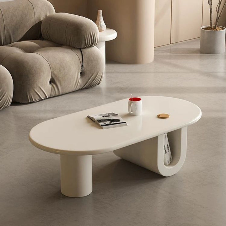 Mesa de Café Moderna Minimalista Elipse MDF con Patas en Forma de U y 1 Gabinete para Sala de Estar 