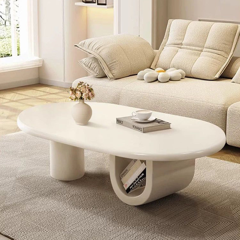 Table basse moderne minimaliste en MDF ellipse, piétement en U, 1 caisson pour salon 