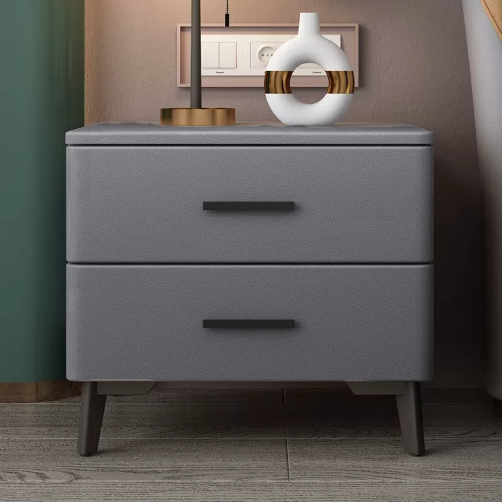 Mesita de noche moderna minimalista cuadrada rectangular para gato, de cuero, madera de pino y acero al carbono, con 2 cajones, para dormitorio 