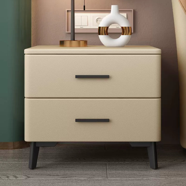 Mesita de noche moderna minimalista cuadrada rectangular para gato, de cuero, madera de pino y acero al carbono, con 2 cajones, para dormitorio 