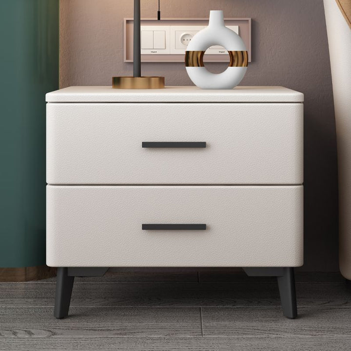 Mesita de noche moderna minimalista cuadrada rectangular para gato, de cuero, madera de pino y acero al carbono, con 2 cajones, para dormitorio 