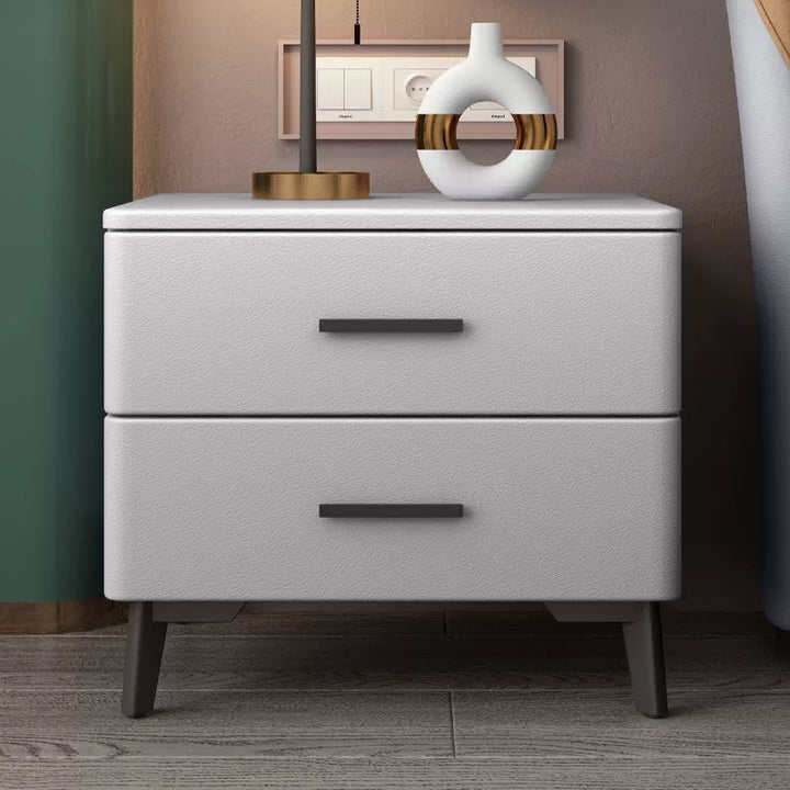 Mesita de noche moderna minimalista cuadrada rectangular para gato, de cuero, madera de pino y acero al carbono, con 2 cajones, para dormitorio 