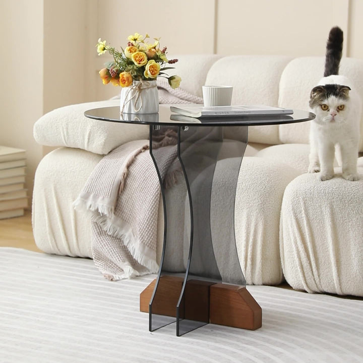 Contemporary Nordic Round Tempered Glass Ash Wood Coffee Table For Living Room