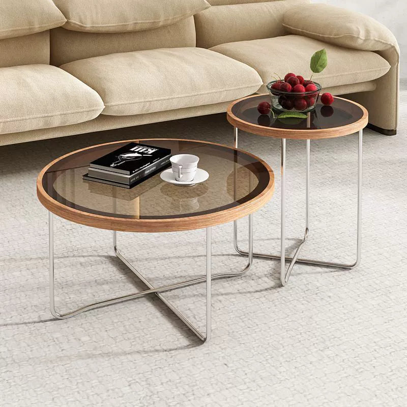 Table basse ronde moderne minimaliste en verre trempé, MDF et fer pour salon 