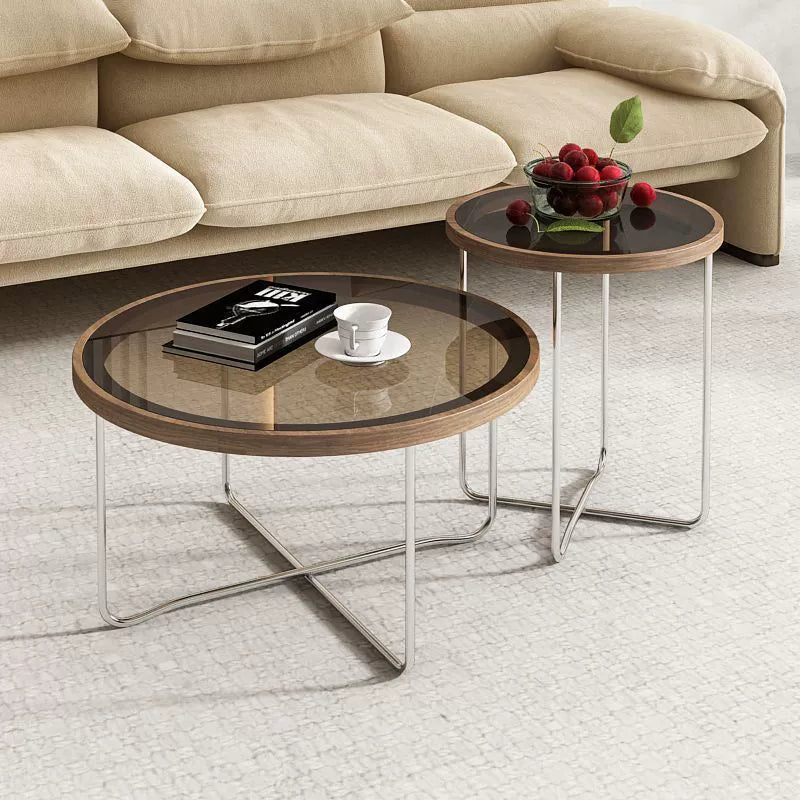 Table basse ronde moderne minimaliste en verre trempé, MDF et fer pour salon 