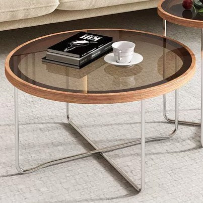 Table basse ronde moderne minimaliste en verre trempé, MDF et fer pour salon 
