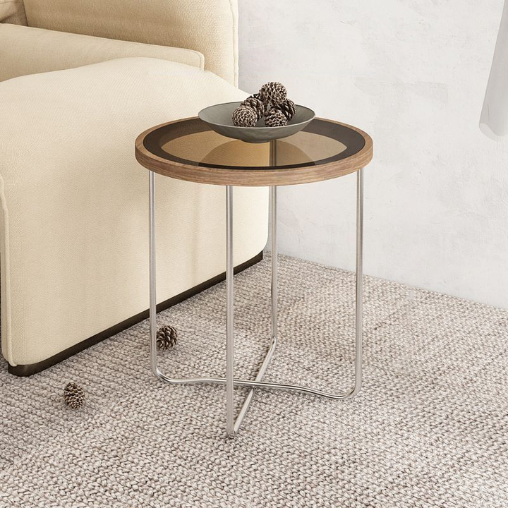 Table basse ronde moderne minimaliste en verre trempé, MDF et fer pour salon 