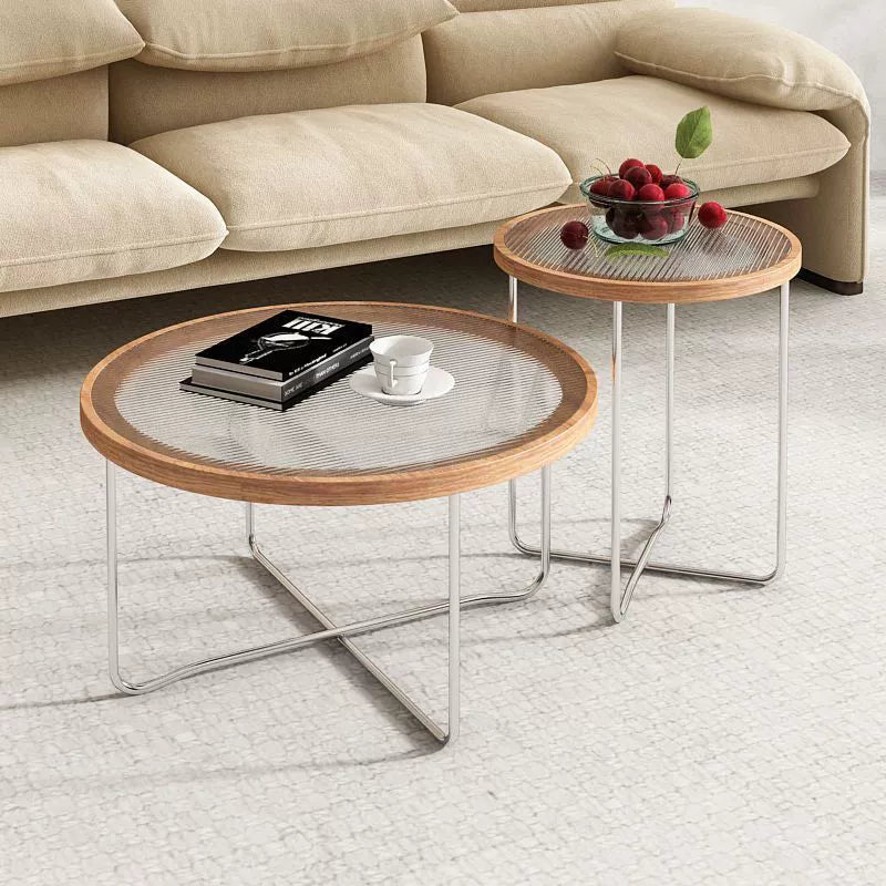 Table basse ronde moderne minimaliste en verre trempé, MDF et fer pour salon 