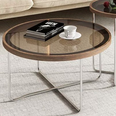 Table basse ronde moderne minimaliste en verre trempé, MDF et fer pour salon 