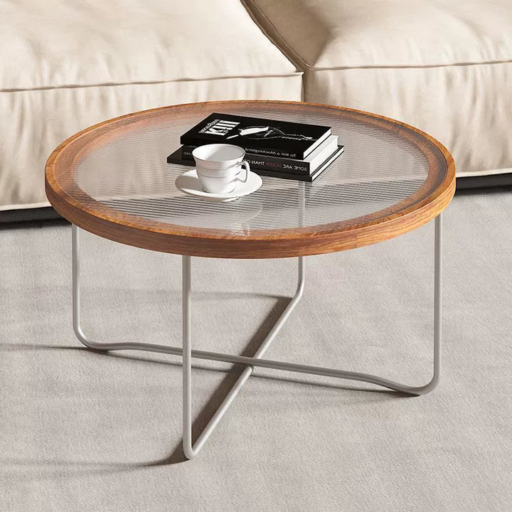 Table basse ronde moderne minimaliste en verre trempé, MDF et fer pour salon 