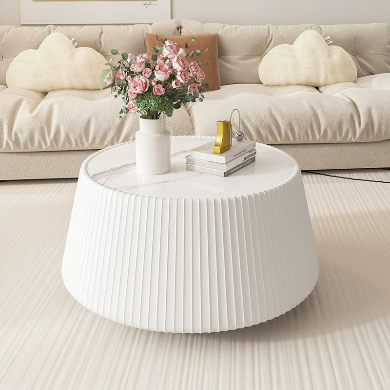 Mesa de centro redonda minimalista moderna de losa de piedra con cuero PU y madera maciza para sala de estar 