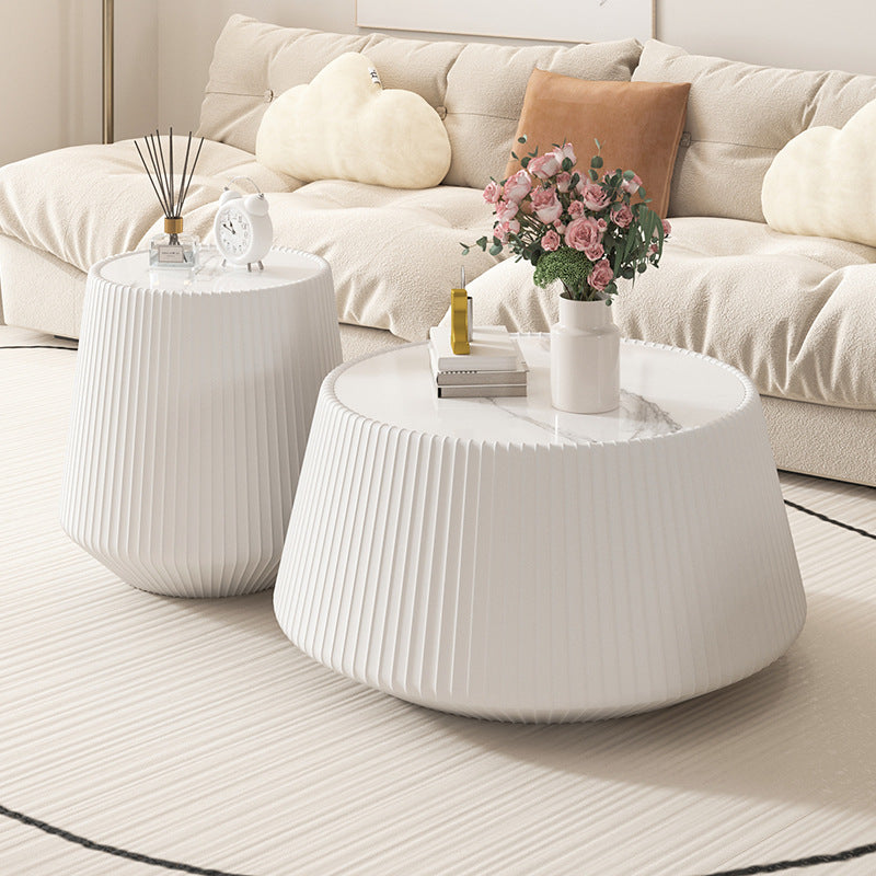 Mesa de centro redonda minimalista moderna de losa de piedra con cuero PU y madera maciza para sala de estar 